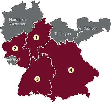 Umrisskarte von Süddeutschland mit den Domicil Seniorenpflegeheim Standorten